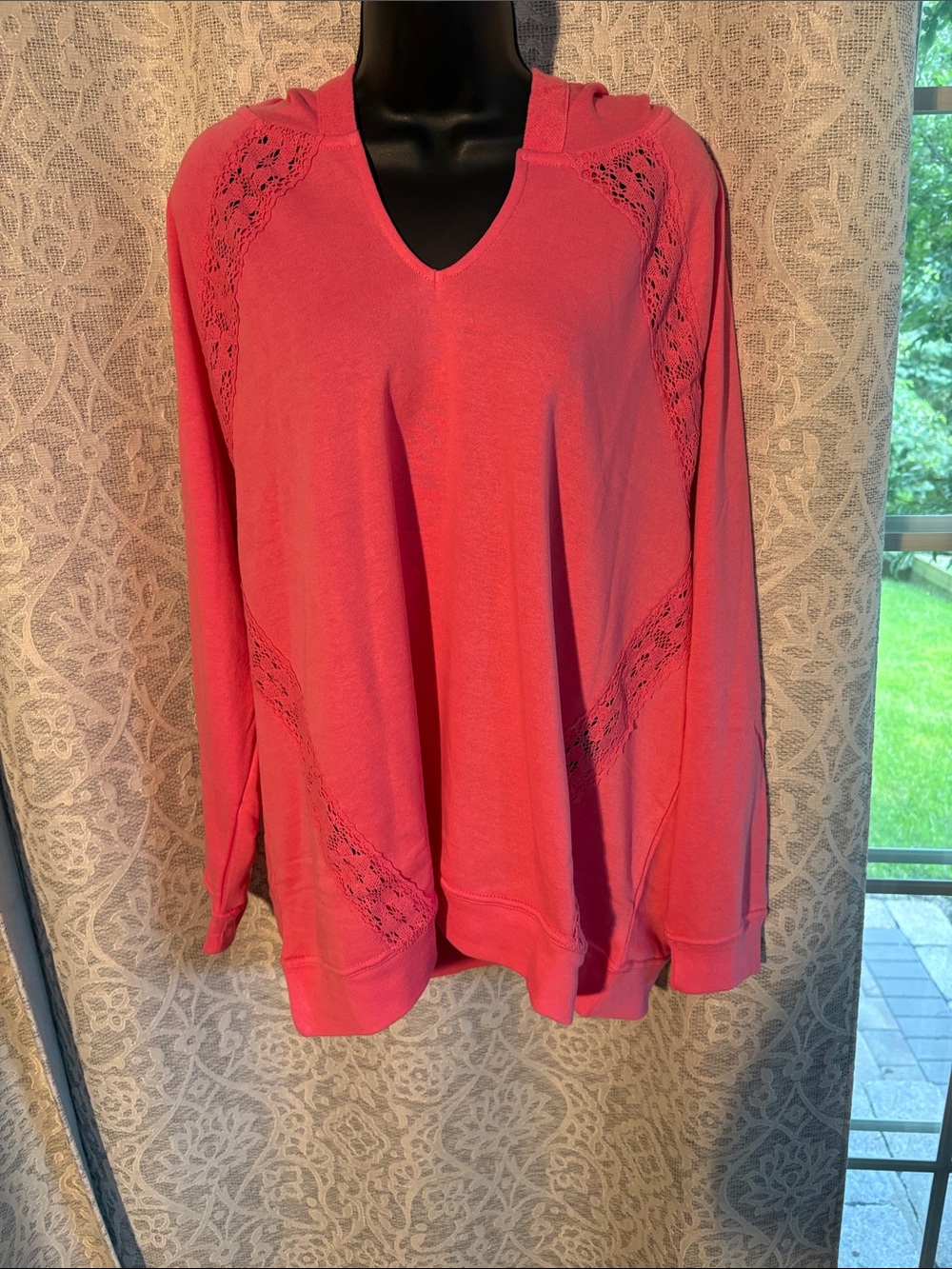 Lane Bryant 18/20 Women's Pink Lace-Detail V-Neck Hoodie Top - NWT
